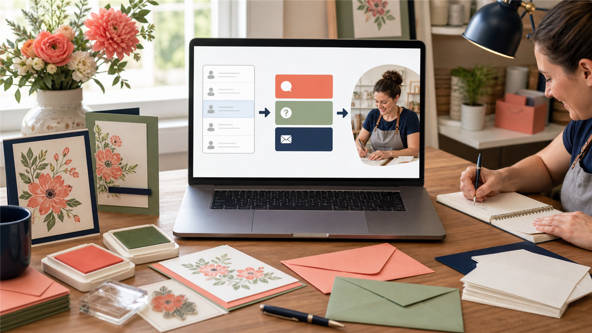 sweetpea-inquiry-workflow-featured A handmade seller reviewing customer inquiries on a laptop in a papercraft studio